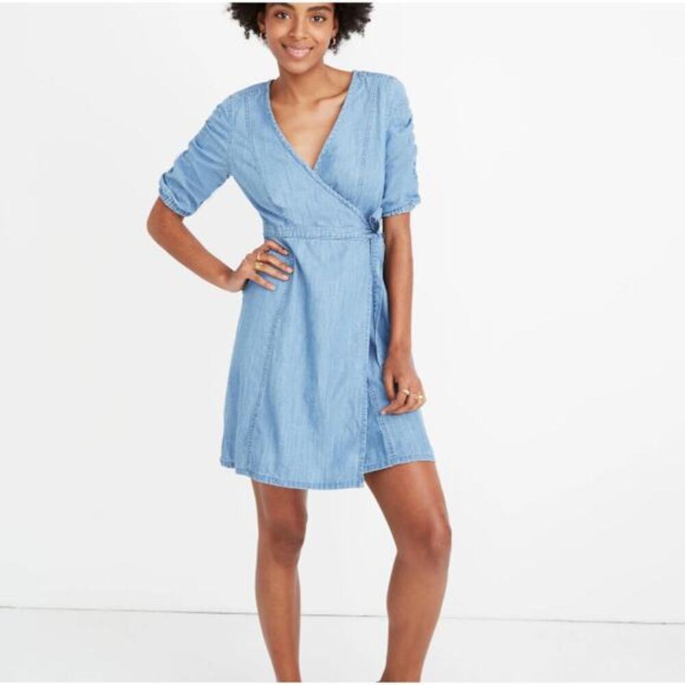 Madewell Denim Shirred-Sleeve‎ Wrap Dress in Elsworth Wash Large